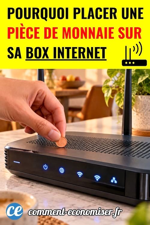 Une personne qui place une pièce de monnaie au-dessus d'une Box wifi