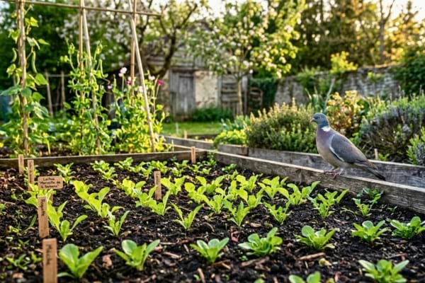 un pigeon ramier observe les plantations