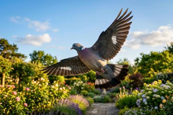 Un pigeon ramier en plein vol majestueux au-dessus d'un jardin, ailes grandes ouvertes