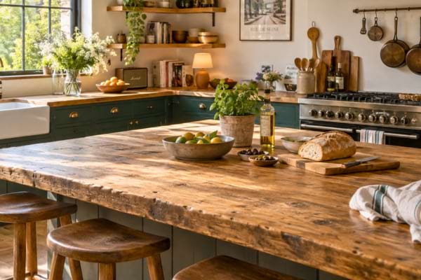une belle cuisine lumineuse avec des plans de travail en bois massif