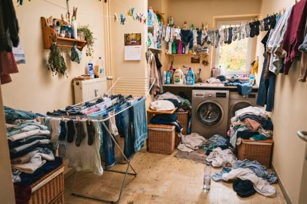 une petite buanderie tr&egrave;s encombr&eacute;e, des v&ecirc;tements humides s&egrave;chent partout sur des &eacute;tendoirs