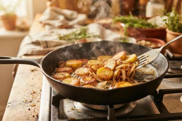 une poêle en fonte chaude où rissolent des rondelles de pommes de terre dorées