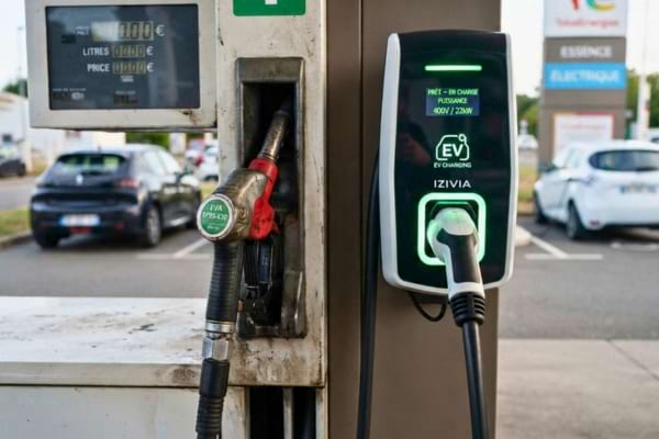 un pistolet de pompe &agrave; essence classique pos&eacute; juste &agrave; c&ocirc;t&eacute; d'une prise de recharge &eacute;lectrique
