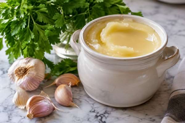 un joli pot en céramique blanche rempli de graisse d'oie pure