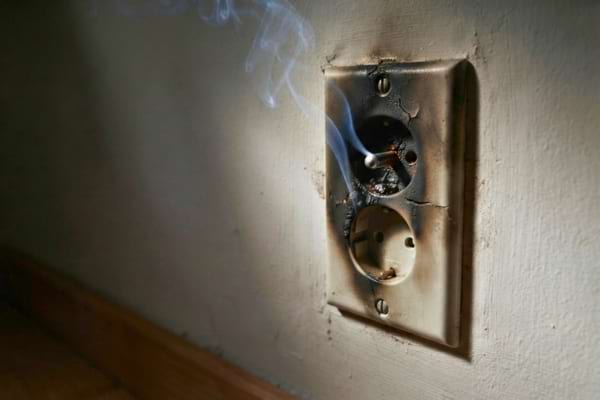 a charred electrical socket showing signs of severe overheating with a faint wisp of smoke