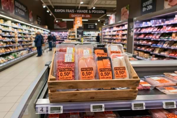 une petite cagette en bois remplie de barquettes de viande et de poisson frais