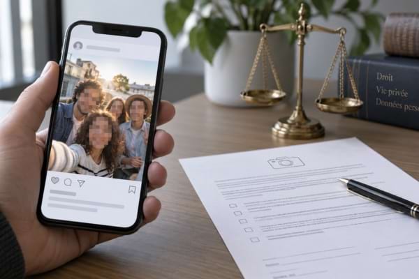 Smartphone montrant des visages pixelisés près d’une balance de justice et d’un formulaire de consentement.