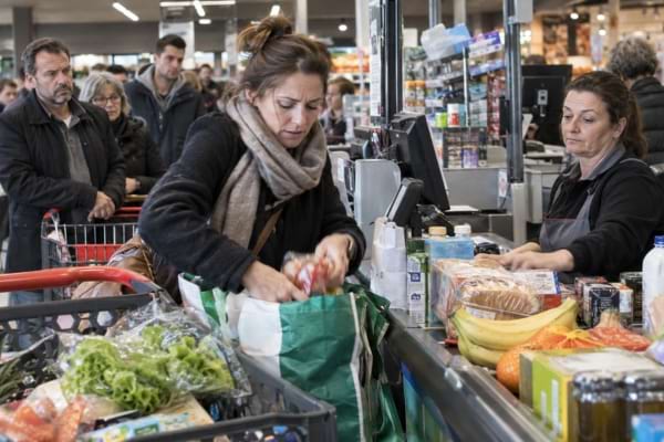Cliente pressée rangeant ses courses sous le regard de la caissière et des clients qui attendent.