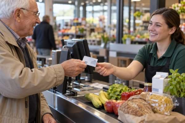 Retraité présentant sa carte à la caisse pour bénéficier d’une réduction sur ses courses.