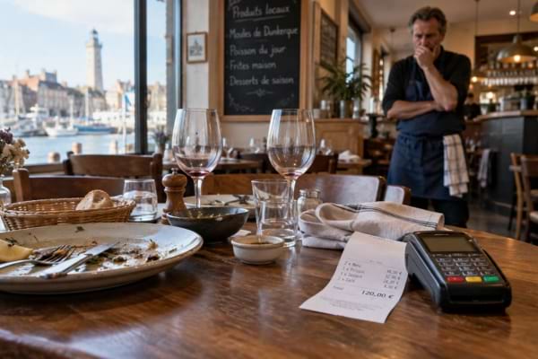 Table de restaurant avec assiettes vides, addition de 120 euros et patron inquiet en arrière-plan.