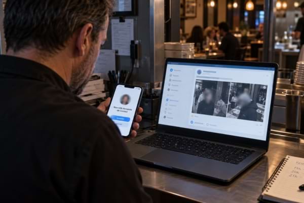Restaurateur devant un ordinateur affichant des visages floutés publiés sur un réseau social.