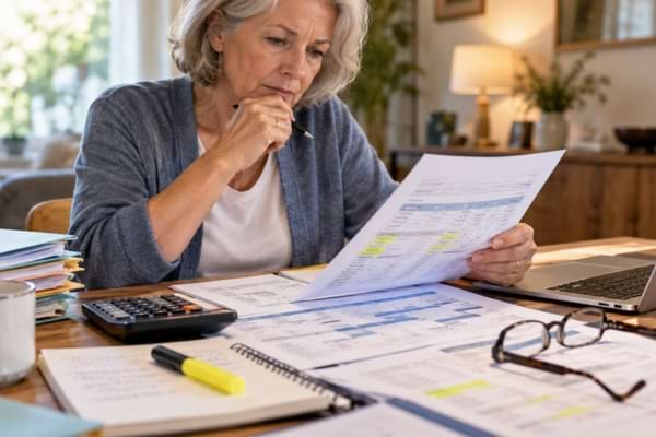 Femme senior vérifiant ses trimestres et ses documents de retraite avec une calculatrice.