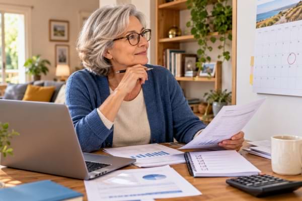 - Femme senior préparant sa date de retraite avec un calendrier, des documents et un ordinateur.