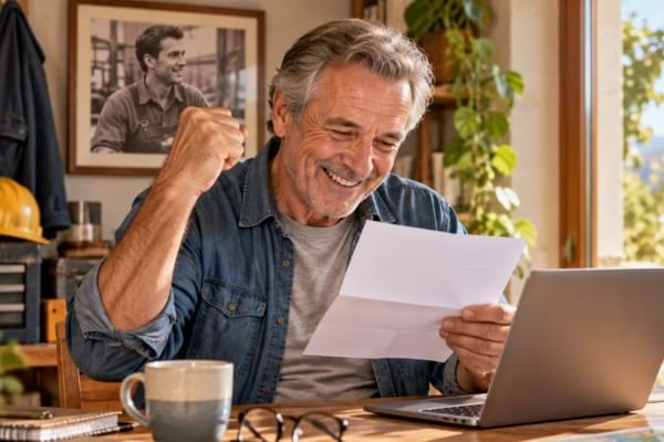 Homme proche de la retraite heureux après avoir reçu une bonne nouvelle sur son départ anticipé.