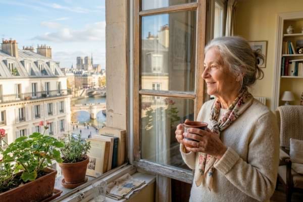 Une femme âgée regardant par la fenêtre de son appartement avec un léger sourire de soulagement