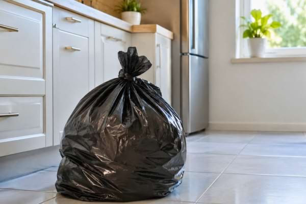 Un sac poubelle noir bien ferm&eacute; et nou&eacute;, pr&ecirc;t &agrave; &ecirc;tre sorti,