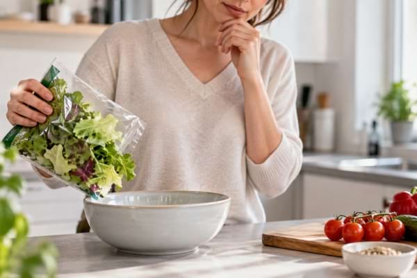 Femme hésitant avant de verser une salade en sachet prête à consommer dans un saladier.