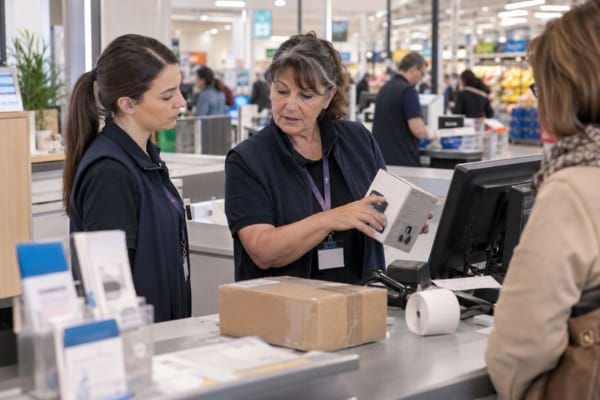 Employée expérimentée formant une collègue à la caisse centrale.