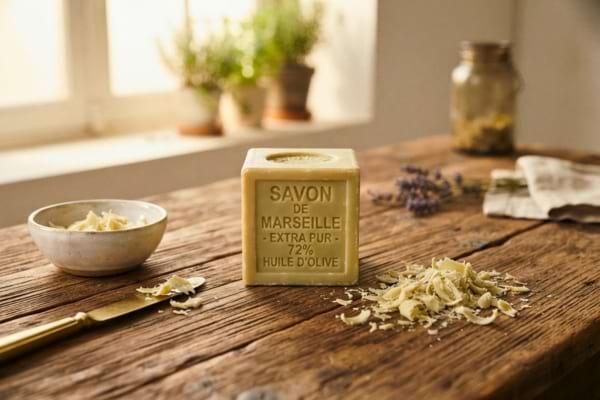 un cube de véritable savon de Marseille traditionnel posé sur une table en bois rustique