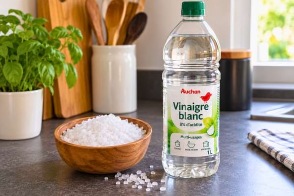 Du gros sel &agrave; cot&eacute; d'une bouteille de vinaigre blanc