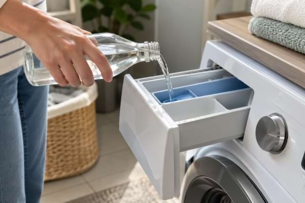 Vinaigre blanc versé dans le bac à adoucissant d’un lave-linge.