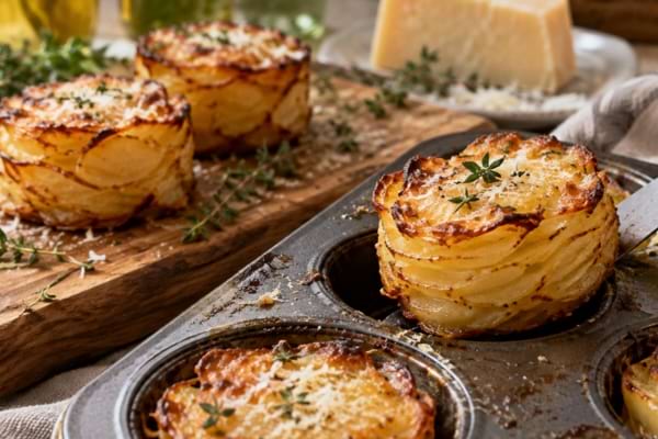 Millefeuille de pommes de terre doré démoulé avec parmesan et thym frais.