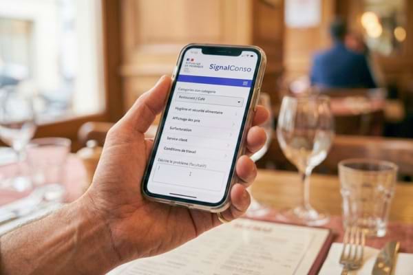 'une main tenant un smartphone affichant l'application SignalConso