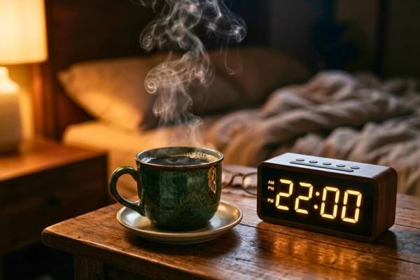 une tasse de caf&eacute; noir fumant pos&eacute;e &agrave; c&ocirc;t&eacute; d'un r&eacute;veil num&eacute;rique lumineux affichant 22h00