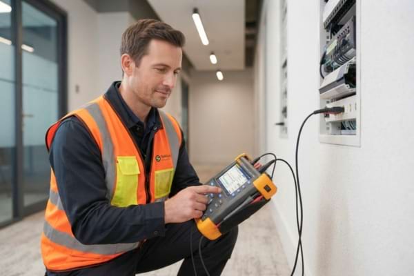 a professional technician in a high-visibility vest using a specialized electronic measuring device