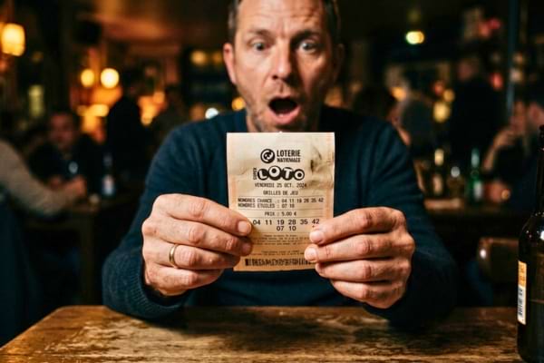 mains tenant un ticket de loterie imprimé, avec une expression de surprise