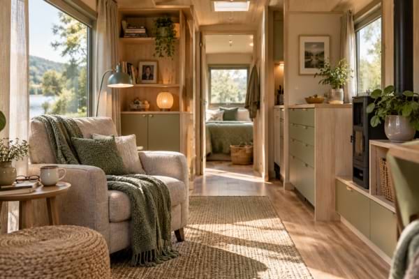 Intérieur apaisant d’une tiny house avec du bois clair, des tons naturels et des rangements.