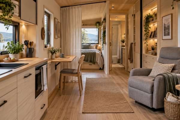 Intérieur chaleureux et fonctionnel d’une tiny house de 34 m² aménagée pour un senior.