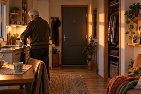 Un senior prépare une boisson chaude dans sa nouvelle tiny house confortable et sécurisante.