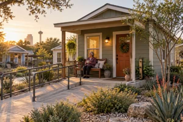 Senior devant une tiny house accessible de 34 m² dans un village solidaire à San Antonio.