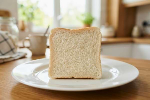 une tranche de pain de mie blanc industriel posée sur une assiette blanche