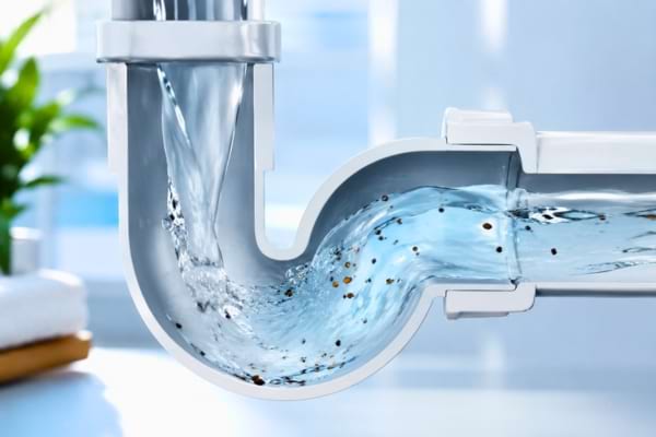 clean water flowing smoothly through a modern plumbing pipe, tiny coffee particles floating harmlessly,