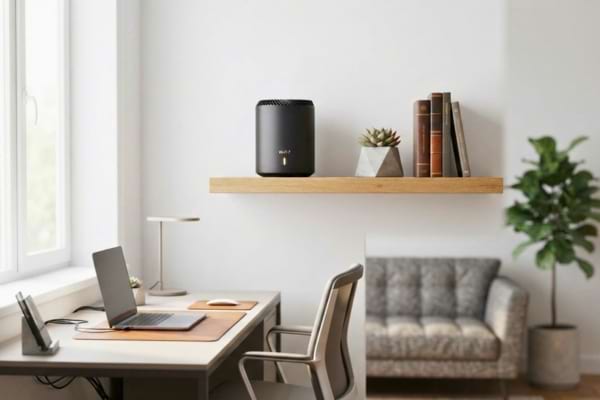 A perfectly organized modern home office featuring a high-end Wi-Fi 7 mesh router