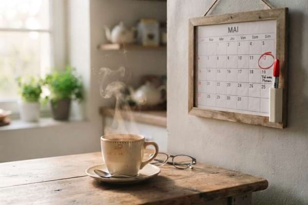 Un calendrier mural de cuisine avec une date entourée au feutre rouge.