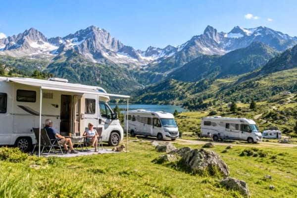 plusieurs camping-cars garés dans un paysage montagneux verdoyant