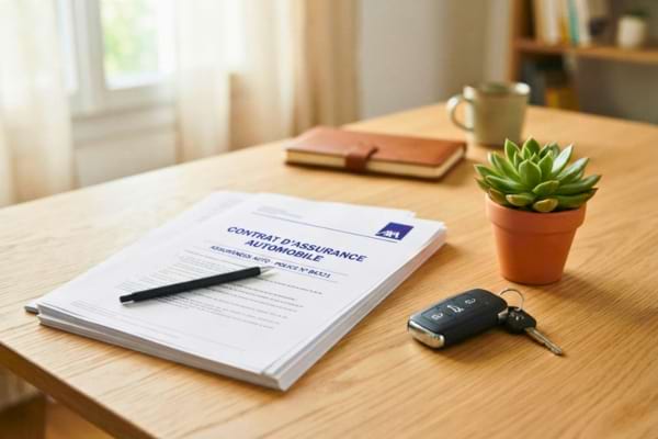 un contrat d'assurance automobile pos&eacute; sur un bureau en bois clair