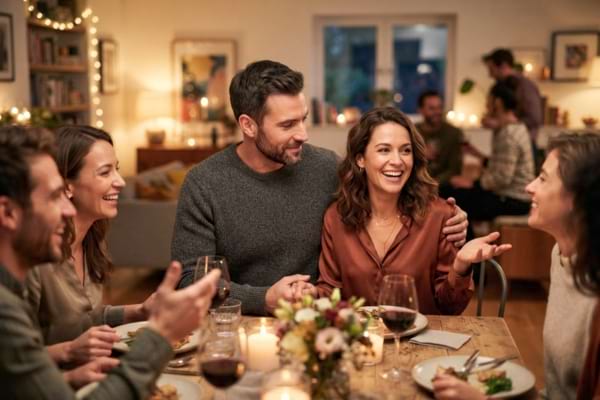 a man looking proudly and affectionately at his female partner while they are talking to a group of friends