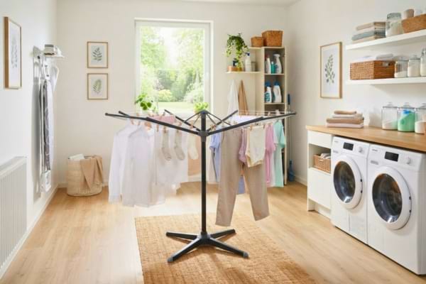 un s&eacute;choir parapluie compact sur pied, design moderne et &eacute;pur&eacute;