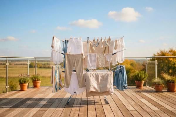 un s&eacute;choir sur pied plac&eacute; sur une belle terrasse en bois ensoleill&eacute;e