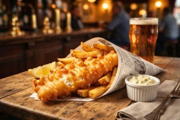 une portion de Fish and Chips traditionnel servi dans un cornet en papier
