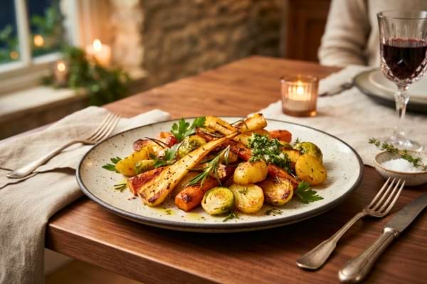 Un plat magnifiquement dressé avec des légumes racines rôtis et des pommes de terre dorées