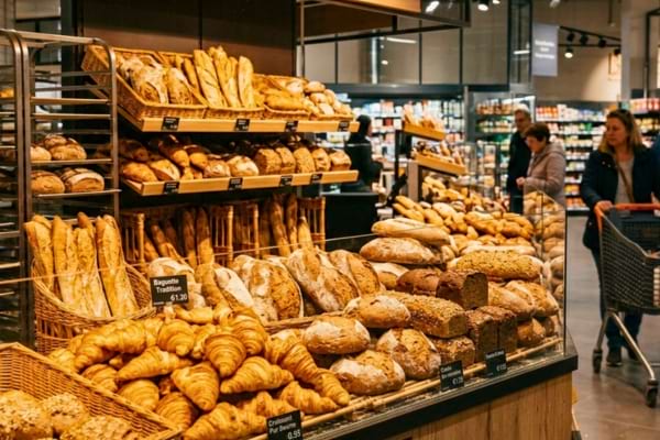 un &eacute;talage de boulangerie dans un supermarch&eacute; moderne, pains dor&eacute;s et croissants chauds