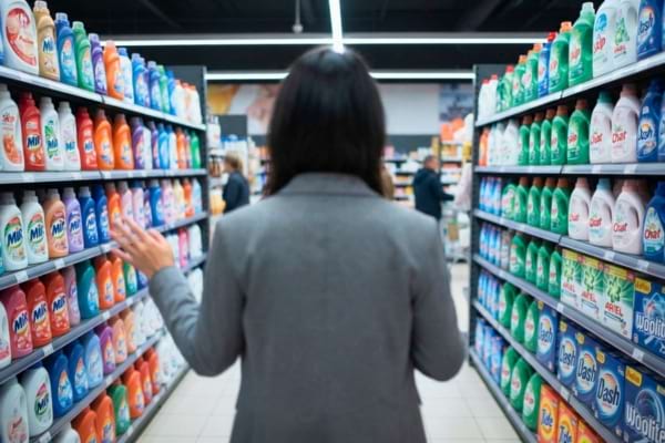 d'un côté des bidons de lessive liquide colorés et de l'autre des boîtes en carton de lessive en poudre