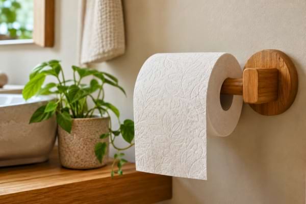 un beau rouleau de papier toilette textur&eacute; dans un support en bois naturel,