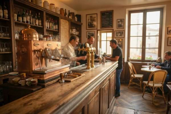 n vieux caf&eacute; traditionnel europ&eacute;en, int&eacute;rieur chaleureux, comptoir en bois patin&eacute; par le temps
