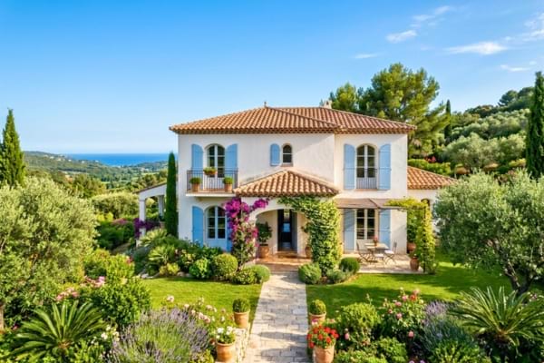 Une belle maison de style méditerranéen avec un jardin verdoyant